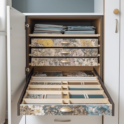 Organised cross-stitch and needlepoint storage drawer with fabric and patterns.